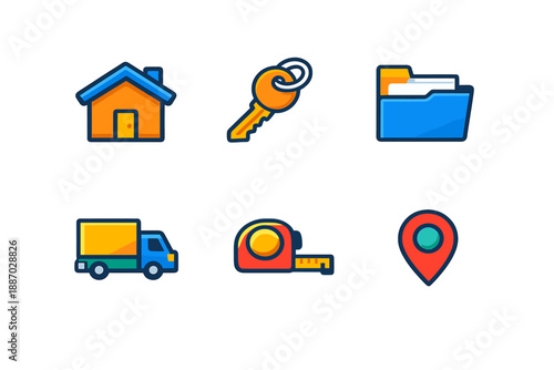 Icons representing home, key, files, moving truck, tape measure, and location marker arranged in a grid format