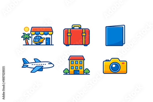 Travel symbols are displayed, showing an airport, suitcase, map, and camera for planning and enjoying a trip