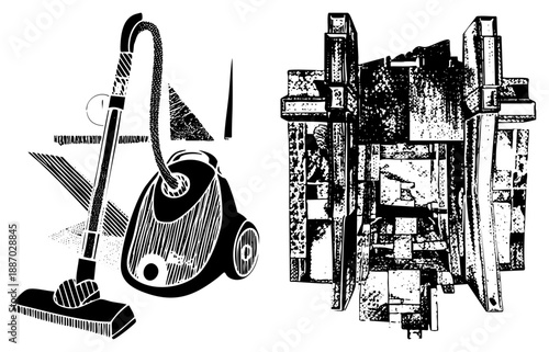 Vintage Vacuum Cleaner and Industrial Press Machine Vector Illustration