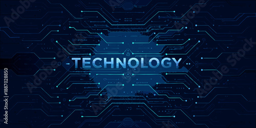 Abstract digital background with glowing circuitry and the word technology displayed prominently