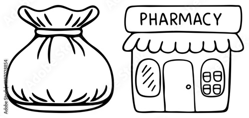 Hand Drawn Pharmacy Building and Money Bag