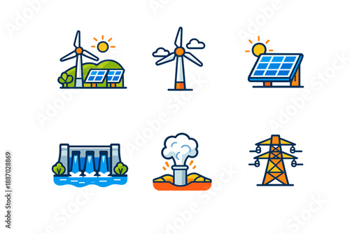 Energy sources in different forms including wind, solar, hydro, and thermal power along with electricity transmission