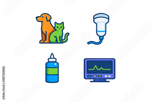 Animals and veterinary tools show the care and support for pet health in a clinical setting with elements representing both pets and medical equipment