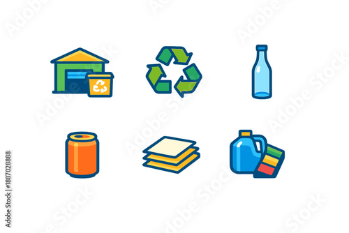 Different recycling symbols and items are shown in a clear layout demonstrating waste materials and their categories for proper disposal and recycling at a designated facility