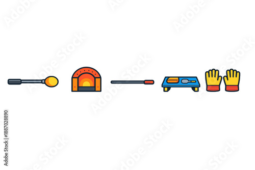 Tools used for glassblowing in a workshop setting with a furnace and safety equipment present