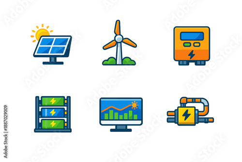 Solar panels and wind turbines in an energy system at a renewable energy facility with battery storage and monitoring tools
