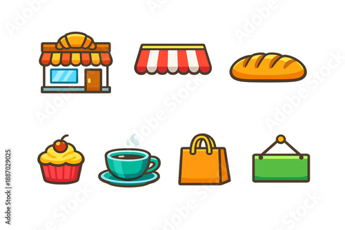 Various food items and shopping symbols are shown together, highlighting popular choices in a market setting with a focus on baked goods and beverages