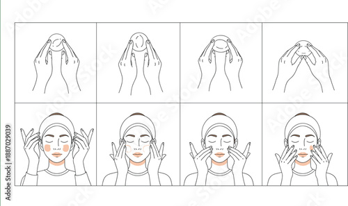 Facial Massage and Skincare Routine Step by Step Line Illustration for Beauty Treatment and Wellness Design