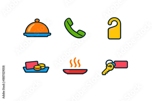 Icons showing room service, phone, do not disturb sign, food tray, steaming dish, and key for hotel check-in
