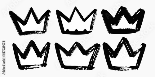 A collection of six hand drawn black and white crown illustrations