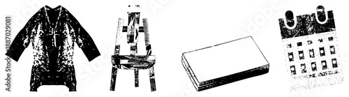 Vintage Textured Clothing, Wooden Easel, Stack of Paper, and Calendar