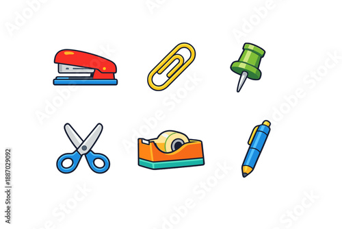 Common office supplies on a white background featuring stapler, paper clip, push pin, scissors, tape dispenser, and pen used for daily tasks