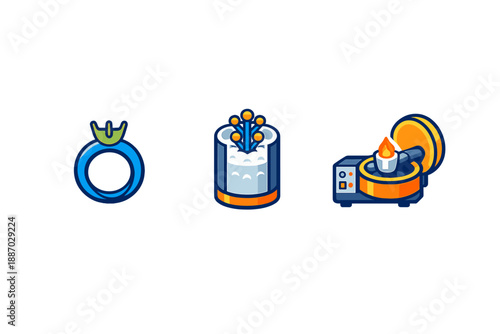 Unique icons show a ring, a dessert with cream, and a vintage turntable with flame next to it, all representing different styles and objects
