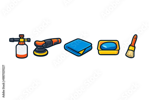 Different tools for cleaning and polishing surfaces are arranged in a row showing their uses in maintenance tasks at a workshop or home setting