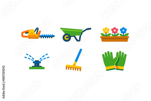 Gardening tools and equipment are displayed, showing essential items for landscaping and plant care in a garden setting