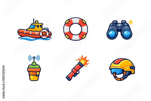 Various items related to water safety and rescue, including a boat, life buoy, binoculars, and safety gear displayed together in a clean layout