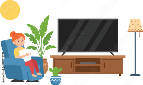 Woman sitting in armchair watching television at home cozy living room interior cartoon vector illustration isolated