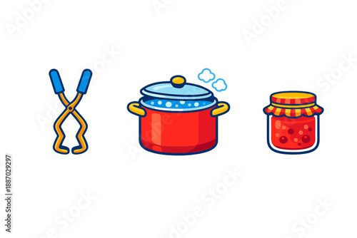 Tools are placed together with a pot and a jar of red sauce, showcasing kitchen items and cooking preparation in a simple layout