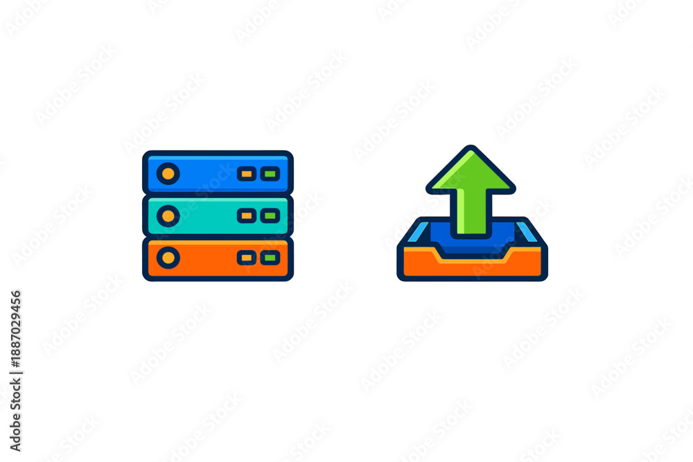 Fototapeta premium Server and upload icon graphic showing three server units and a box with an upward arrow representing data transfer technology