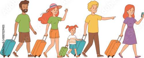 People walking with suitcases family travel journey vacation group tourists cartoon character vector illustration isolated on white