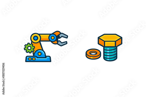 Robot arm picks up hardware parts in a workshop setting near tools and machinery during the day