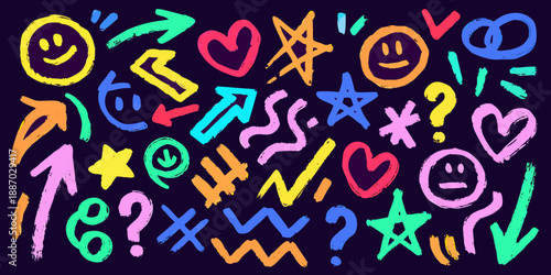 Colorful doodle art featuring various symbols faces arrows and abstract shapes