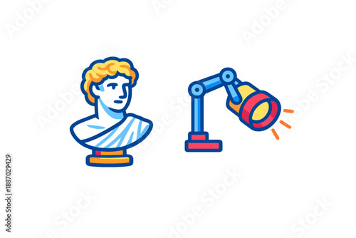 Statue of a man with curly hair and a spotlight next to it showing bright light in a simple art style