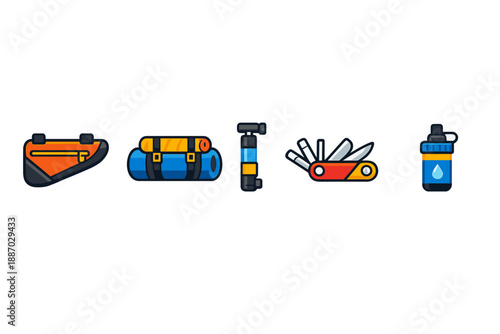 Outdoor gear and equipment tools displayed in a row for camping and hiking activities in a clear and direct layout suitable for outdoor trips or adventures