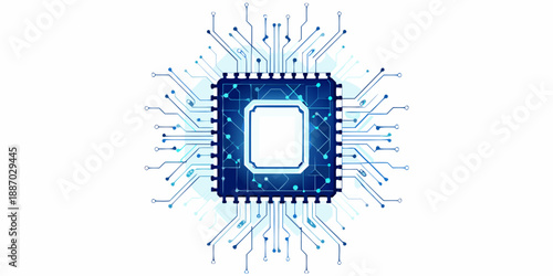 Abstract digital circuit board with glowing blue lines and a central processor