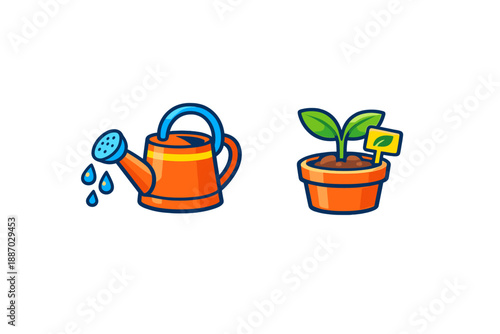 Watering can and small plant in pot sit side by side on plain background showing home gardening tools and nature care in simple design