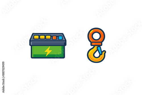 Battery and hook icons represent power and lifting tools used in various tasks related to energy and equipment management