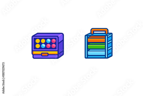 Different styles of storage boxes used for organizing colorful items and accessories in a craft space or play area during the daytime