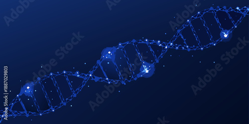 Abstract representation of a dna double helix structure with glowing particles