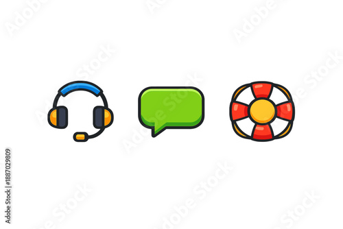 Icons show support communication tools like headset, speech bubble, and lifebuoy for help and assistance in various situations