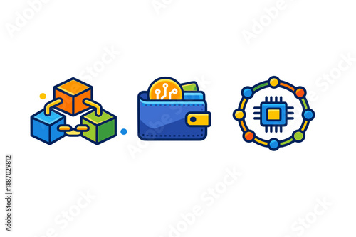Digital wallet technology and blockchain concepts in a simple graphic style with colorful elements and clear symbols