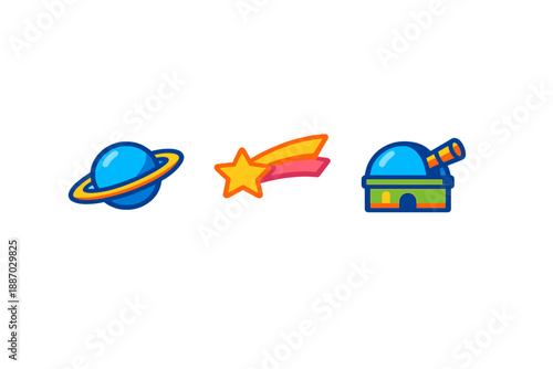 Planet, star, and observatory icons in simple design with bright colors found in a digital art context