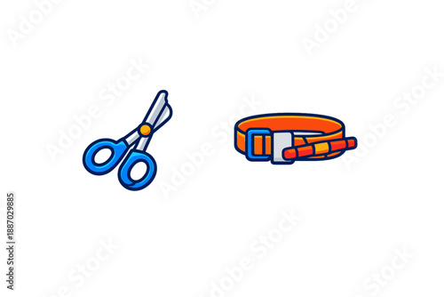 Scissors and belt shown together on a plain background in a simple style highlighting both tools for cutting and fastening items