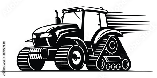 Black vector illustration of a modern powerful tractor with tracks and wheels and speed lines