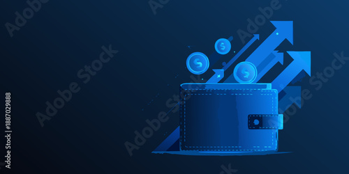 Digital wallet with rising arrows and coins representing financial growth