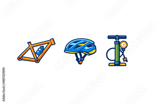 Different bicycle parts and accessories including a frame, helmet, and pump shown together for cycling needs