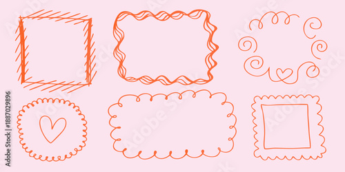Hand drawn decorative frames and shapes in a simple orange sketch style