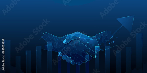 Digital handshake with upward trending graph representing agreement and financial growth