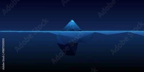 Abstract polygonal iceberg floating in a dark deep ocean environment
