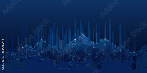 Abstract polygonal landscape with glowing peaks in a dark blue environment