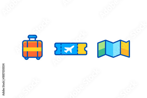 Travel icons showing a suitcase, flight ticket, and map for vacation planning and adventures in different destinations around the world
