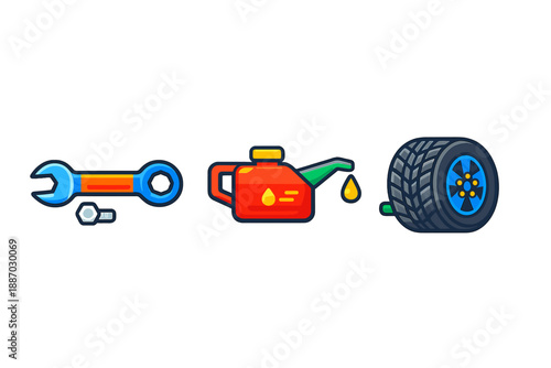 Tools, oil, and tire used in vehicle maintenance during a car repair session