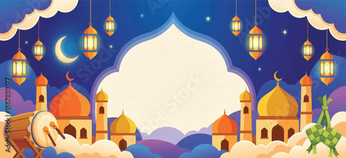 Ramadan background with golden mosque, traditional bedug drum and lanterns on starry night sky