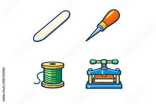 Tools used for sewing and crafting with thread, a needle, and a press for fabric work in a creative space