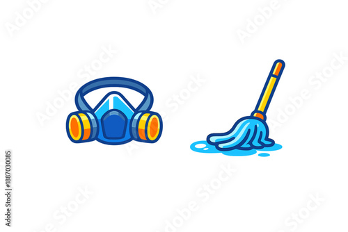 Protective gear for cleaning tasks with a mop and a face mask designed for safety in a cleaning environment
