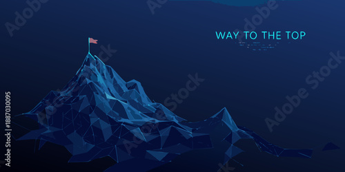 Polygonal mountain peak with a red flag symbolizing success and achievement